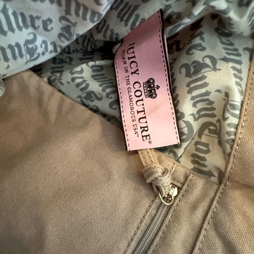 Y2K Choose Juicy Couture Tote Bag Distressed Silver Graphic Tan Canvas Large